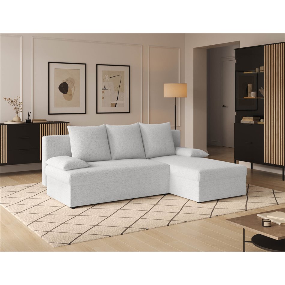 Corner sofa Elgino L/R Reversible, sleeping function, Royal 01, boucle, white, H90x201x143cm