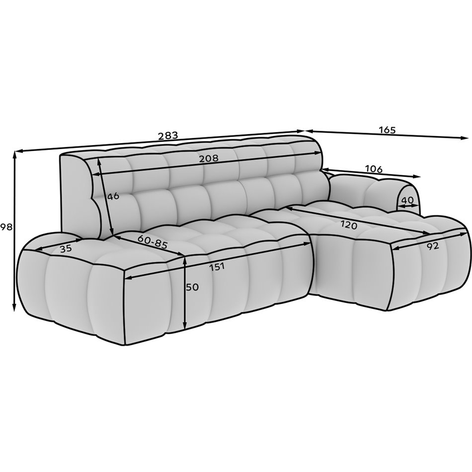 Corner sofa Eleedro R, electrically extendable, Aura 04, velvet, grey, H98x283x165cm