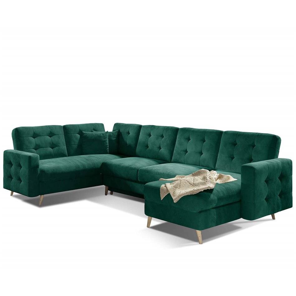 U-shaped sofa Elsgard U L/R Reversible, sleeping function, Monolith 37, velvet, dark green, H93x326x202cm