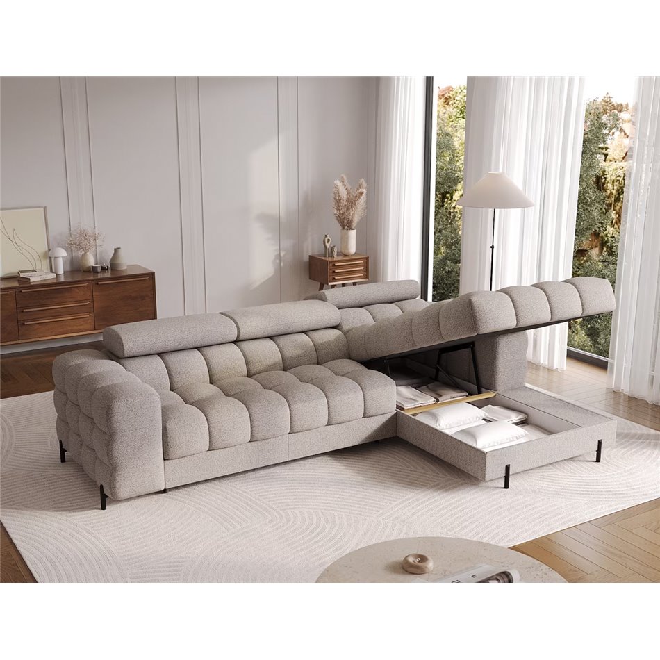 Corner sofa Elferlo R, sleeping function, Royal 20, boucle, beige, H93x285x181cm