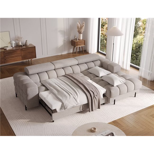 Corner sofa Elferlo R, sleeping function, Royal 20, boucle, beige, H93x285x181cm