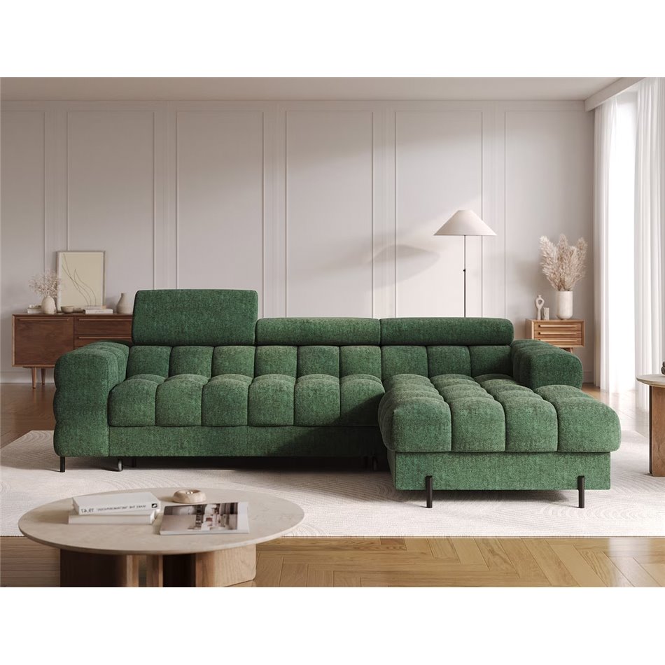 Corner sofa Elferlo R, sleeping function, Amore 35, boucle, green, H93x285x181cm