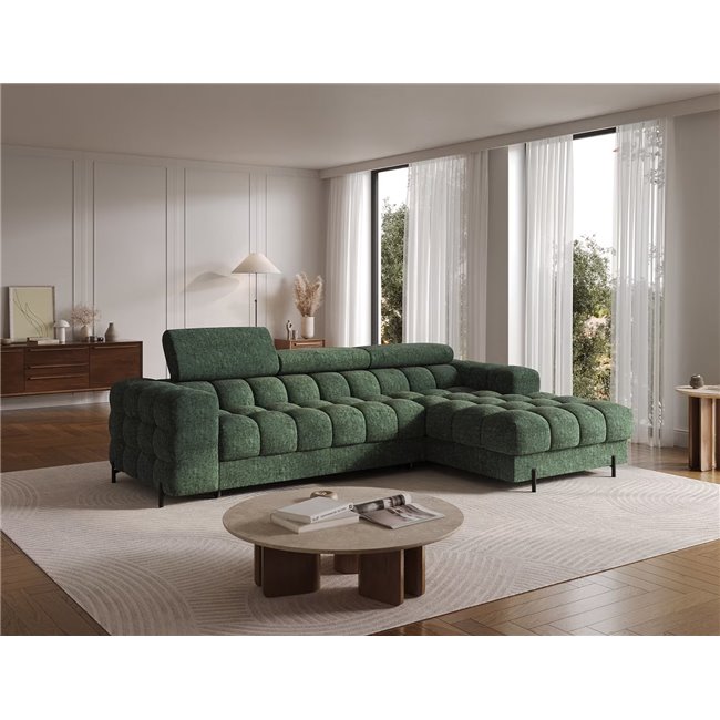 Corner sofa Elferlo R, sleeping function, Amore 35, boucle, green, H93x285x181cm