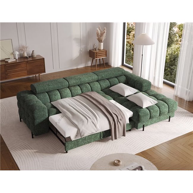 Corner sofa Elferlo R, sleeping function, Amore 35, boucle, green, H93x285x181cm