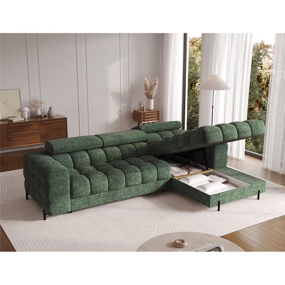 Corner sofa Elferlo R, sleeping function, Amore 35, boucle, green, H93x285x181cm