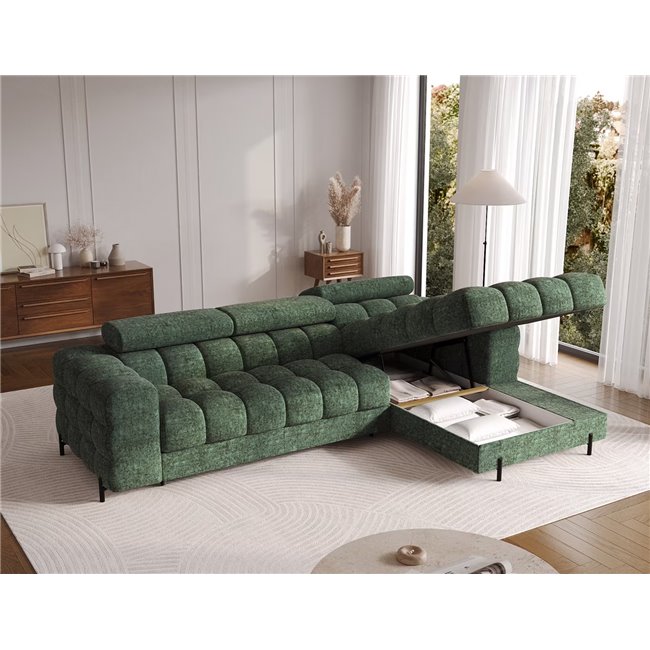 Corner sofa Elferlo R, sleeping function, Amore 35, boucle, green, H93x285x181cm