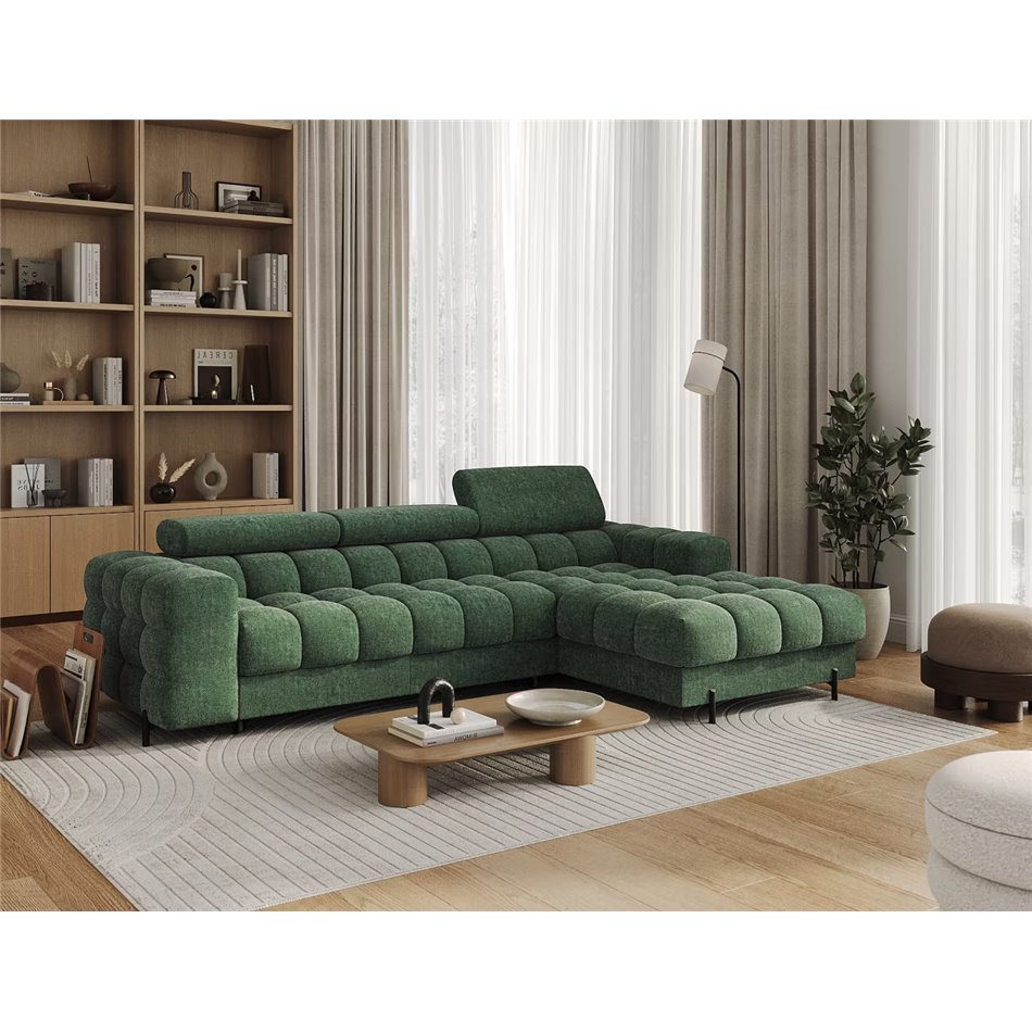 Corner sofa Elferlo R, sleeping function, Amore 35, boucle, green, H93x285x181cm