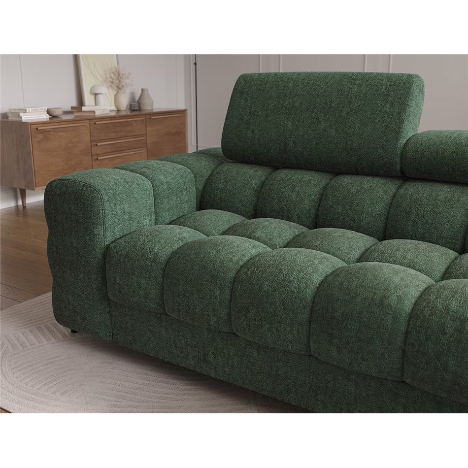 Corner sofa Elferlo R, sleeping function, Amore 35, boucle, green, H93x285x181cm