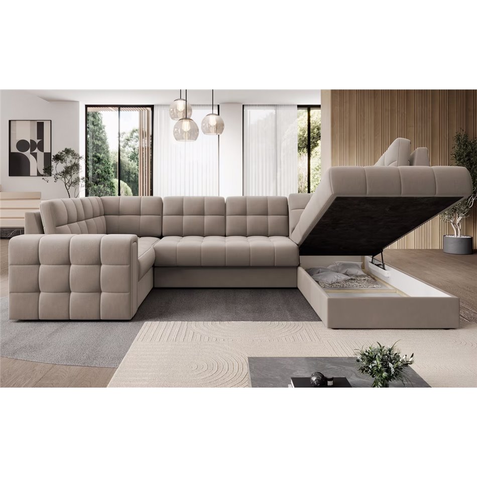 П-образный угловой диван Elewett R, раздвижной, Sola 18, бежевый, H82x299x198cm