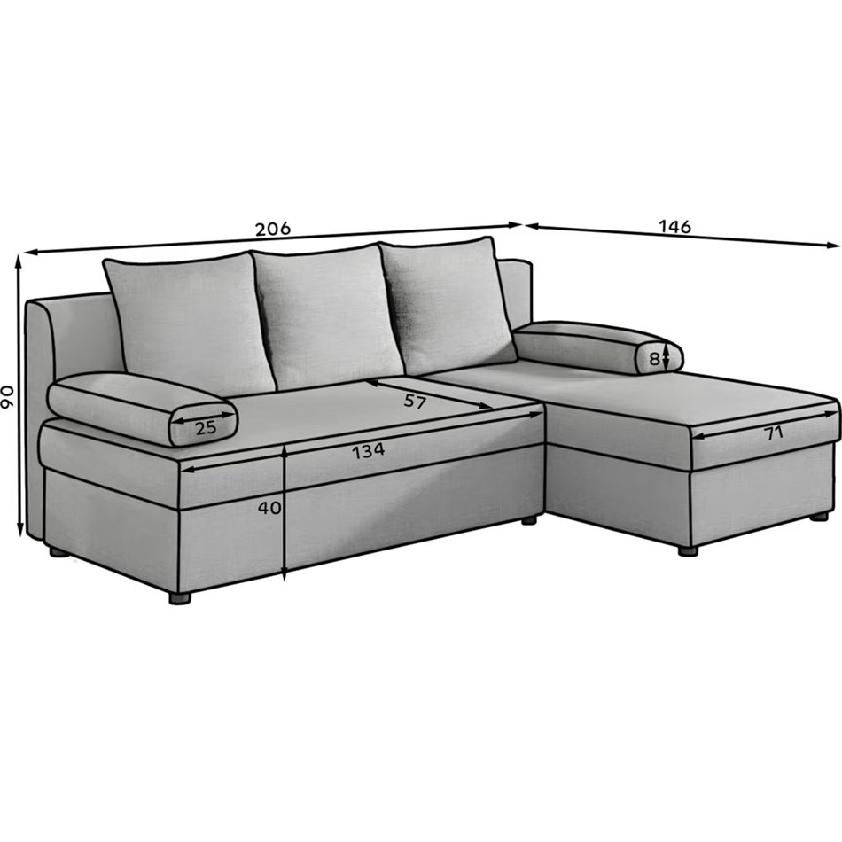 Угловой диван Elgino L/R Reversible, раздвижной, Sawana 14, черный, H90x201x143cm