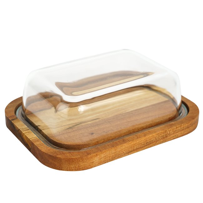 Butter dish with glass lid and acacia wood tray, H6x19x14cm