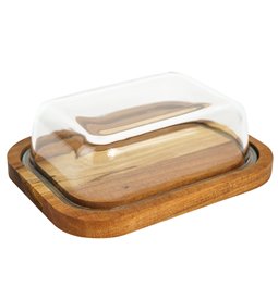 Butter dish with glass lid and acacia wood tray, H6x19x14cm