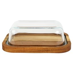 Butter dish with glass lid and acacia wood tray, H6x19x14cm