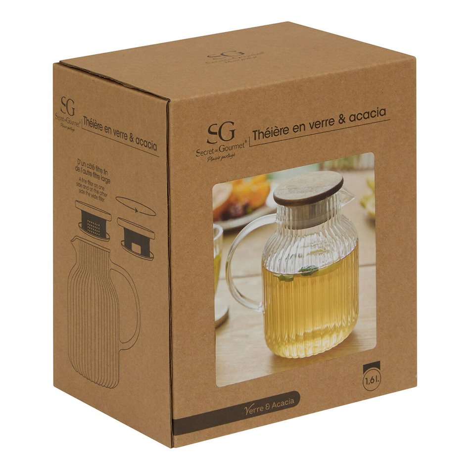 Tējkanna ar filtru Ivy, stikls/tērauds/akācijas koks, 1.6L, H19x17.5x12.9cm