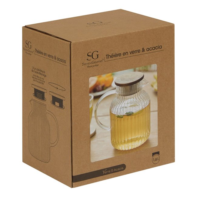 Tējkanna ar filtru Ivy, stikls/tērauds/akācijas koks, 1.6L, H19x17.5x12.9cm