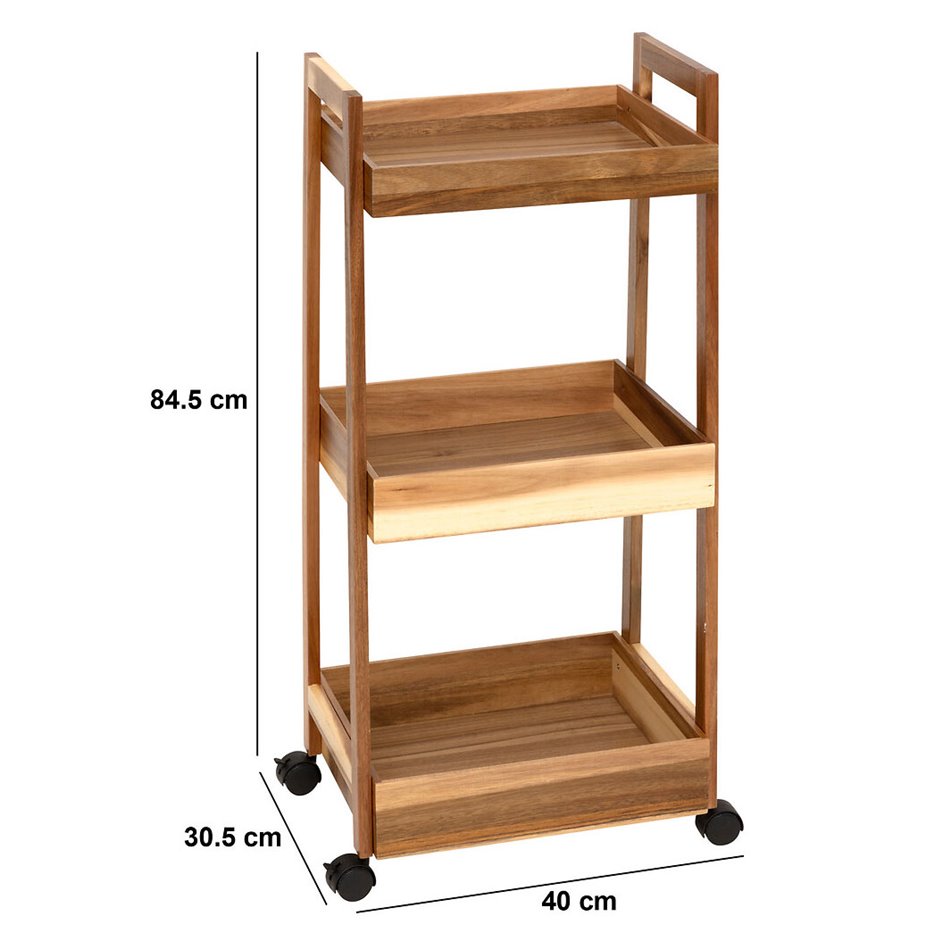 Wheels trolley, 3 stores, acacia wood/MDF, H84.5x40x30.5cm