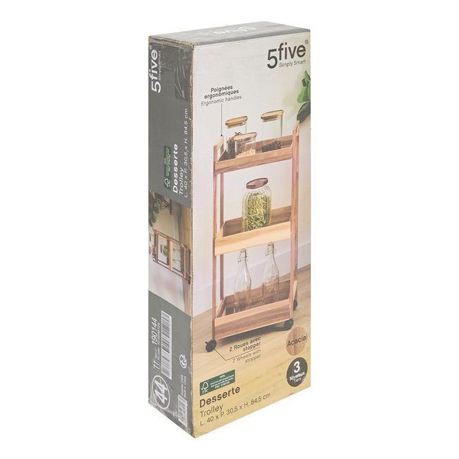 Wheels trolley, 3 stores, acacia wood/MDF, H84.5x40x30.5cm