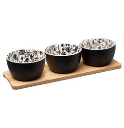 Uzkodu trauku komplekts ar 3 bļodiņam un bambusa paplāti Floral, H10x31x10cm