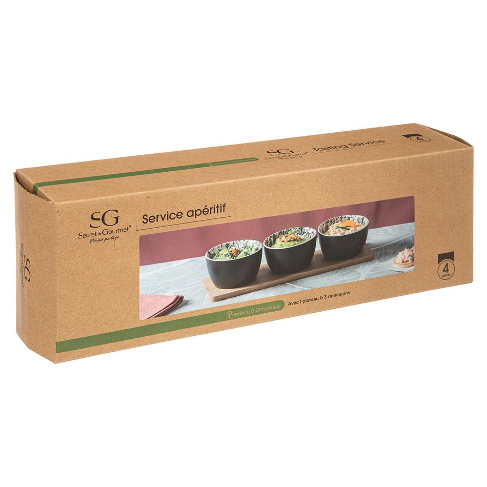 Snack set with 3 bowls and bamboo tray Floral, H10x31x10cm