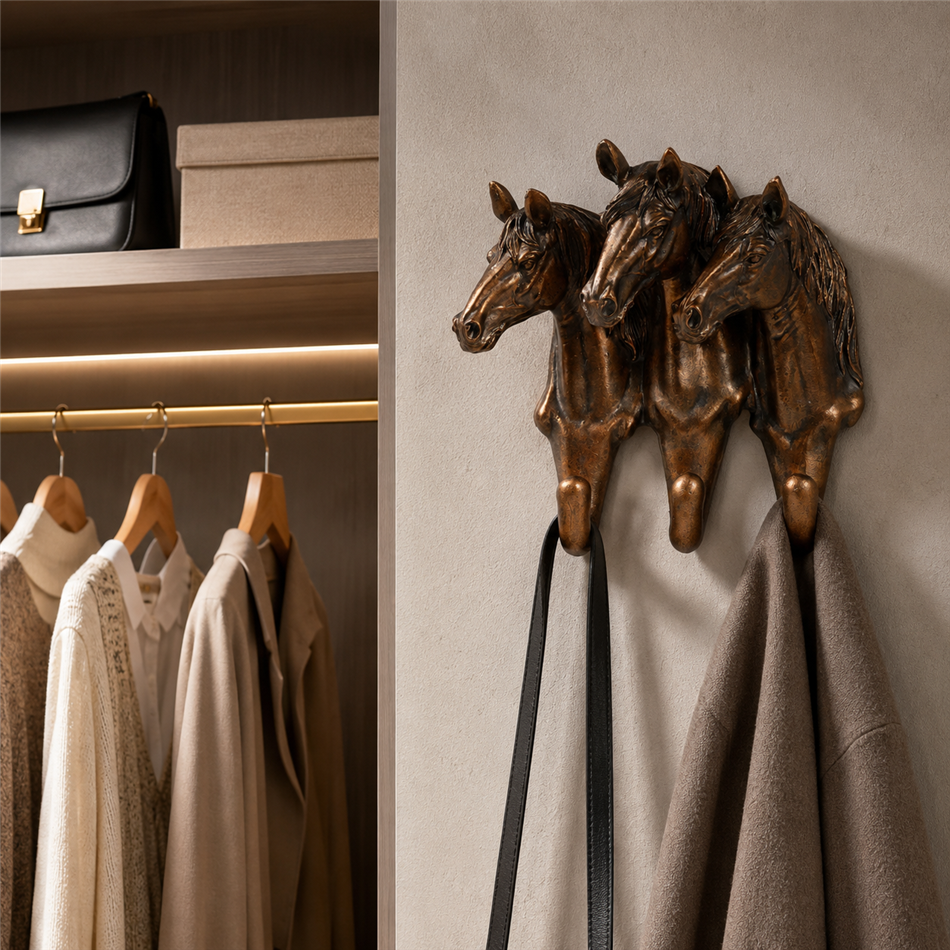 Wall clothes hanger 3 horses, brown, H21x21x19cm