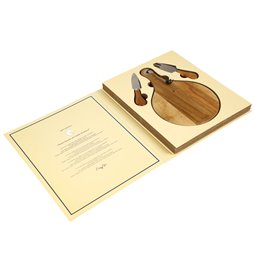 Cheese knife, fork and acacia wood board in gift box, 30x25cm H3cm