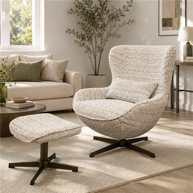 Armchair Saronna 6 with bench, rotatable 360 degrees, brown/beige/bronze color, H90x76x87.5cm, seat height 44cm