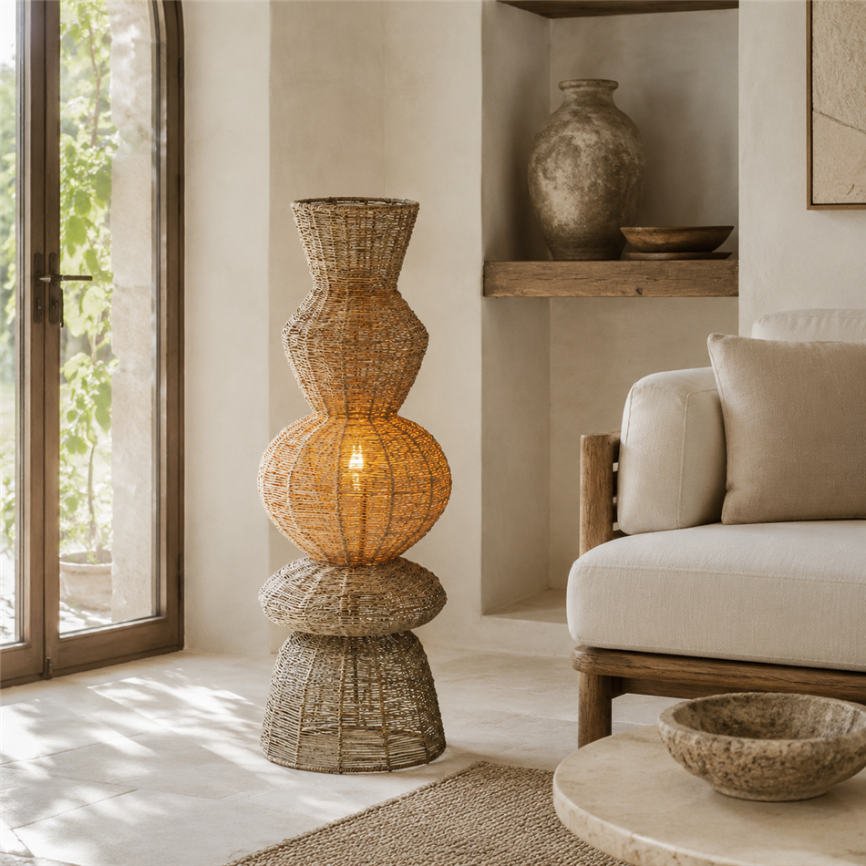 Floor lamp TITUS NAT, jute lampshade, H109cm, D37cm, E27 40W(MAX)