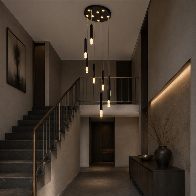 Griestu lampa Sellingen 8, caurspīdīga/melna, H31-133cm, D40cm, LED 64W, 3000K