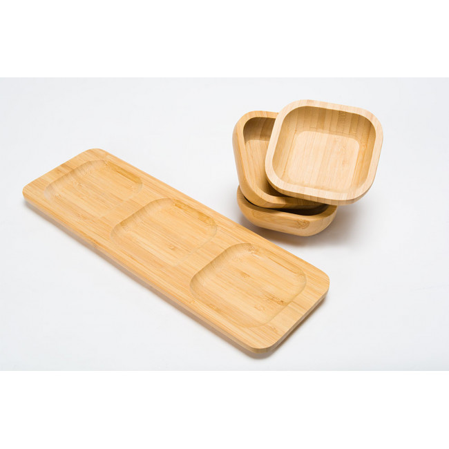 Bamboo plate with 3 bowls, 33x10.8x4.7cm