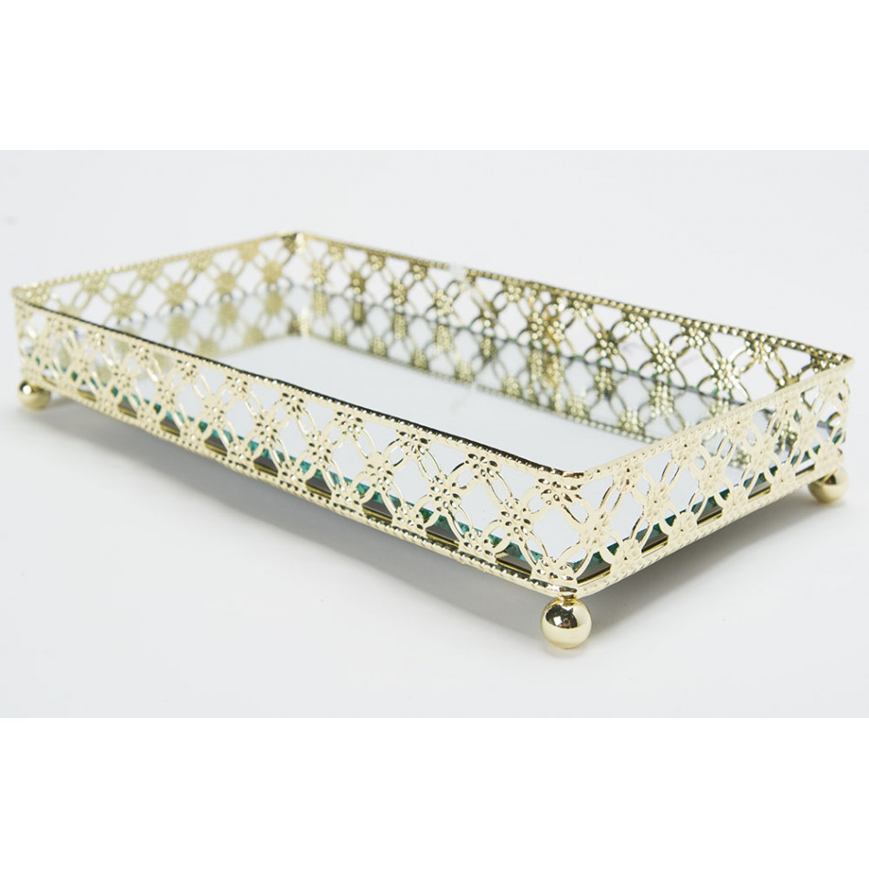 Tray with mirror, metal, gold colour, 20x10x4cm