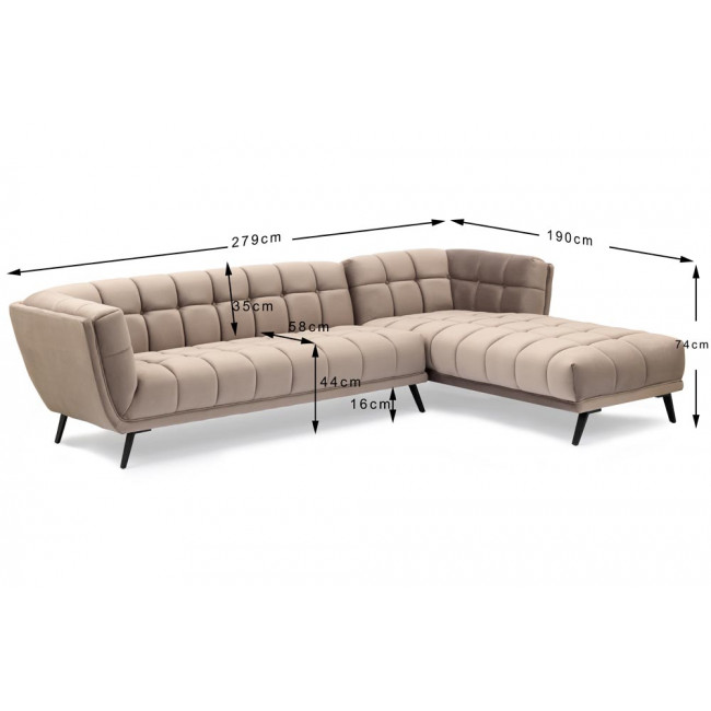 Угловой диван Homburg R, серо-коричневый, бархатный, 278x191x90x76cm