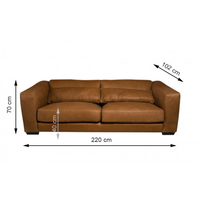 Sofa Dolce 3, cognac color,  leather, 220x102x70cm, seat height 45cm