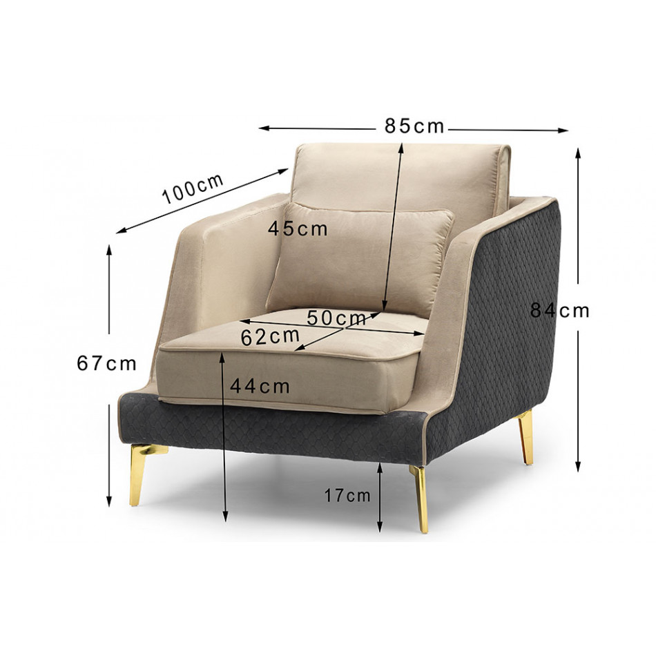 Клубный стул Hillary, серо-коричневый/ серый, 85x100x84cm, высота сиденья 44cm
