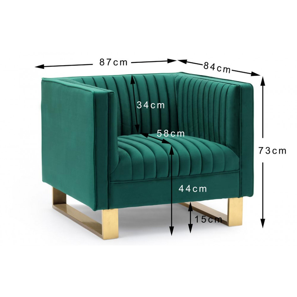 Atpūtas krēsls Hedon, smaragdzaļš, samta,  H73x87x84cm, sēdvirsmas augstums 44cm