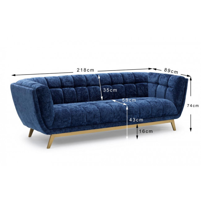 Sofa Haris, 3-seat, blue, velvet, 218x89x74cm, seat height 43cm