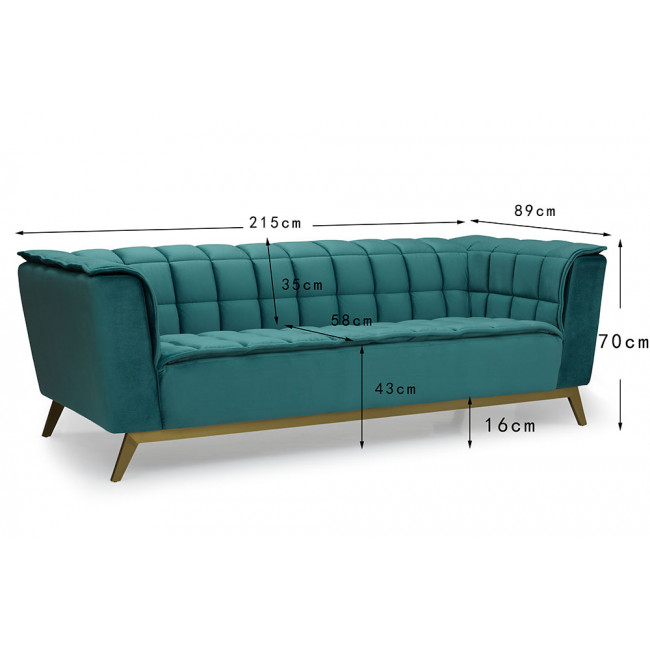 Sofa Hamond, 3-vietīga, zaļā krāsā, 215x88x70cm, sēdvirsmas augstums 44cm