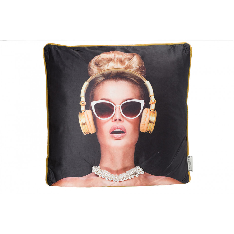 Cushion Lady Headphone, velvet, black, 45x45cm