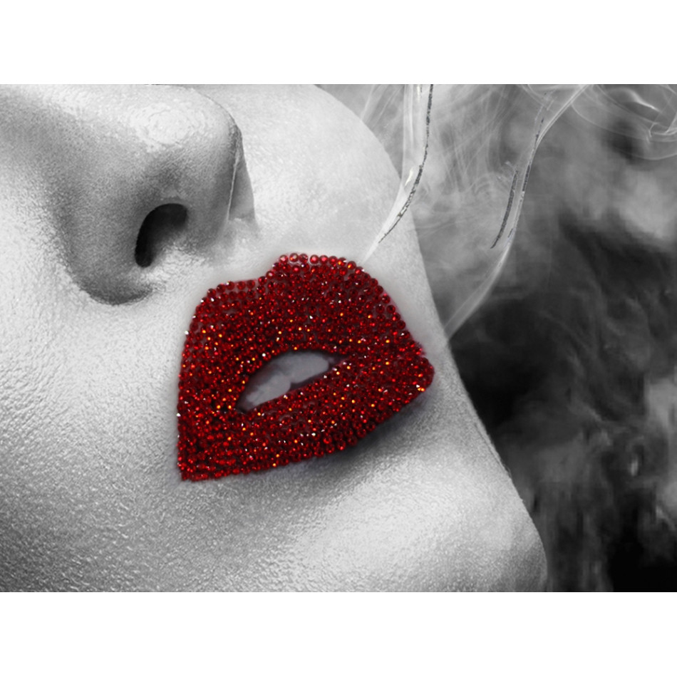 Wall Glass Smoking beauty with red lips, 80x120cm