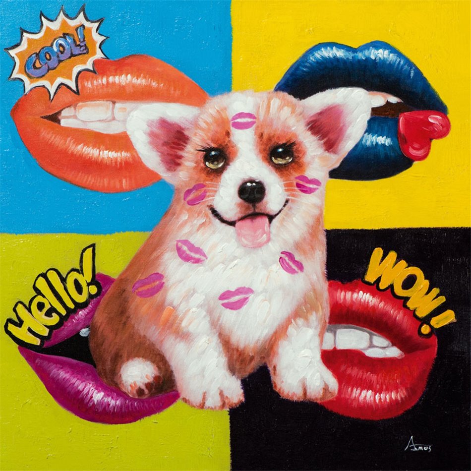 Painting Doggy with Pop Art mouths, 60x60cm