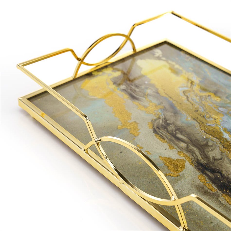 Tray L, metal/glass, golden/brown, 40x30x6cm