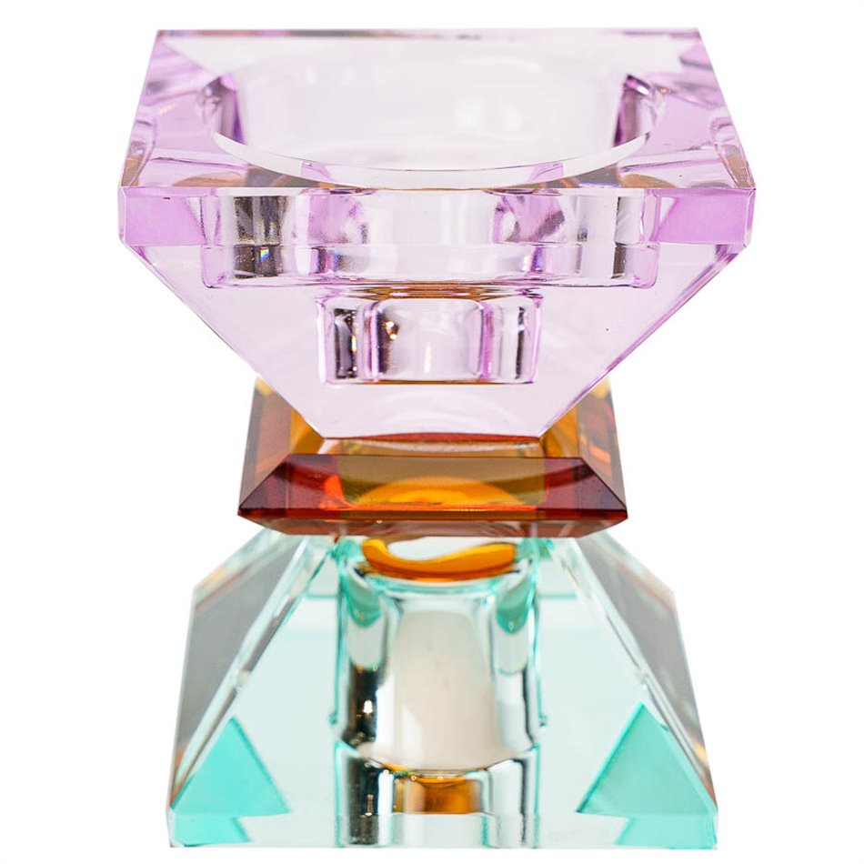 Crystal candleholder, violet/amber/mint, H7.4x6x6cm