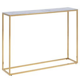 Console table Alis,top glass, white marble look/gold legs, H80.5x110x26cm