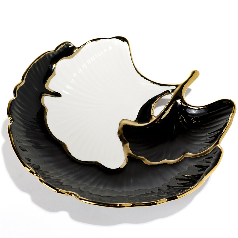 Decorative plate Merlinna ginko,black/white/gold,30x29x5.5cm