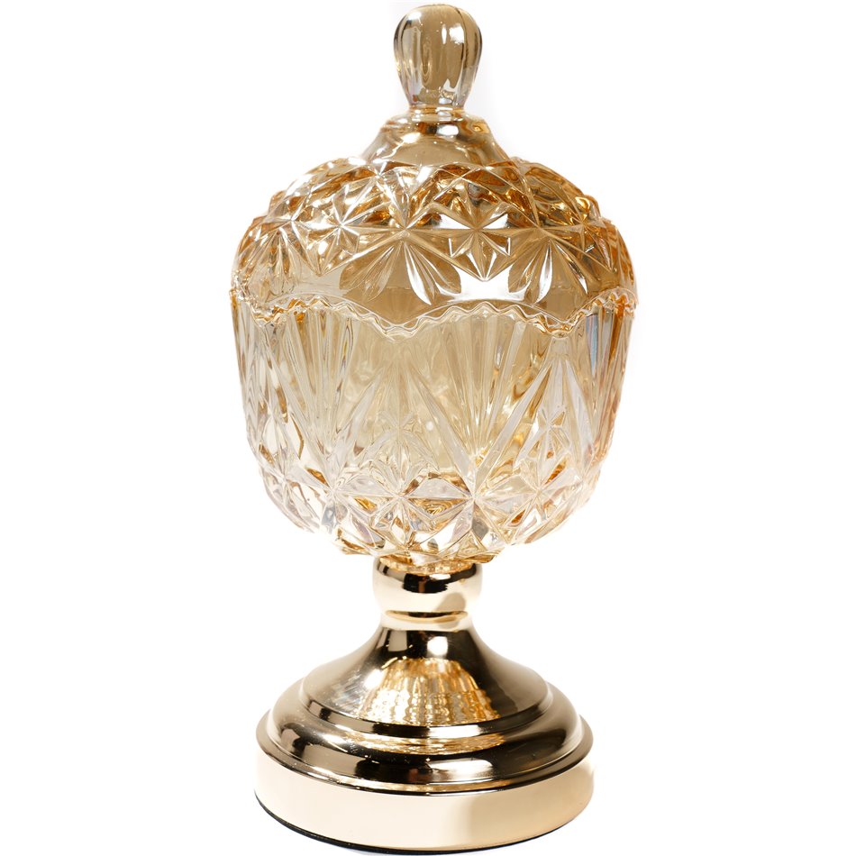 Jar with lid, amber glass/metal, 25x13x13cm