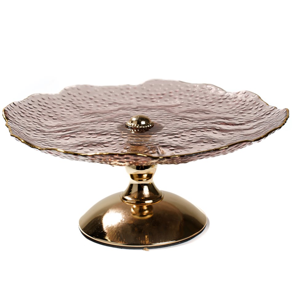Kūku šķīvis uz kājas, stikls/metāls, zelta/rozā, 10x26x26cm