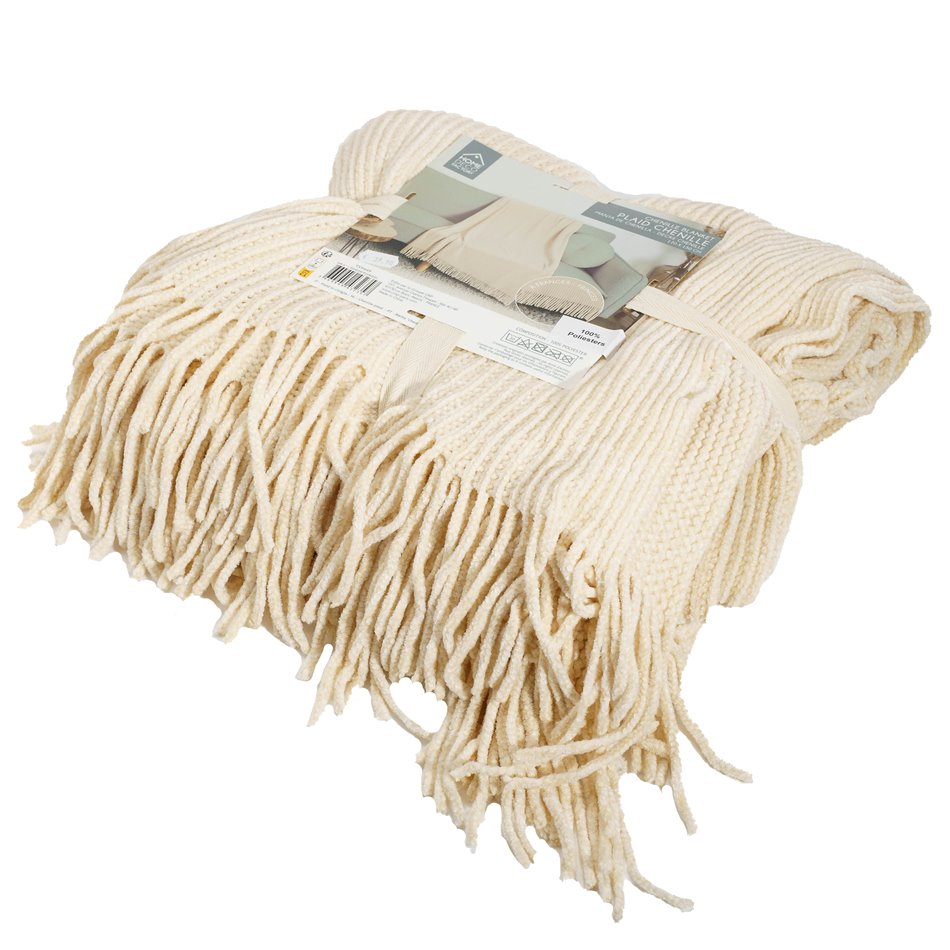 Plaid Chenile , beige with fringe, 200x140cm