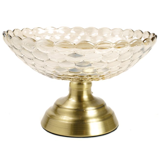 Glass bowl footed, glass/metal, amber/bronze, D24x15cm