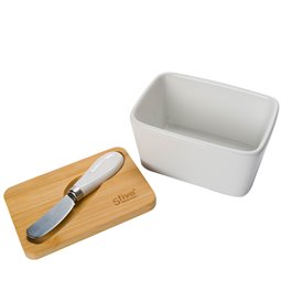 Butter bin with knife, bamboo lid, ceramic,13.5x9.3x9cm