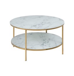Kafijas galds Alis, stikla virsma, balta marmora izskats, D80cm, H45 cm