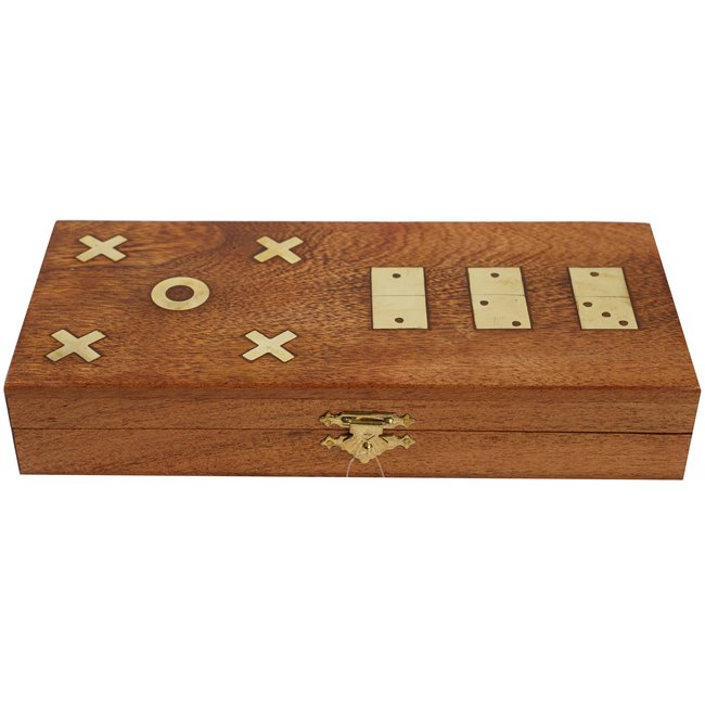 Wooden/brass game box w/set of 3 games, 23x10xH4cm